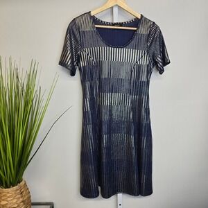 Espresso Blue Gold Metallic Knit‎ Stripe Dress Womens Short Sleeve Small